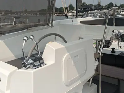 Cockpit of Wayfinder, a Fountaine Pajot Astrea 42 Maestro catamaran at Central Abaco, Bahamas