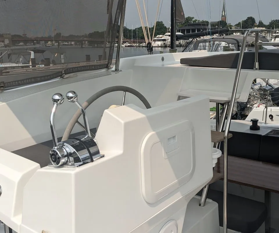 Cockpit of Wayfinder, a Fountaine Pajot Astrea 42 Maestro catamaran at Central Abaco, Bahamas