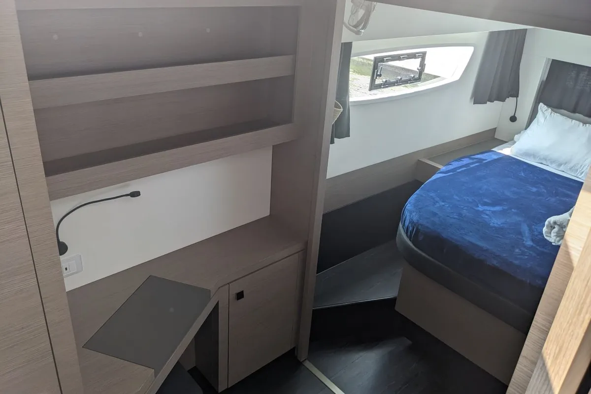 Cabin on Wayfinder, a Fountaine Pajot Astrea 42 Maestro catamaran at Central Abaco, Bahamas
