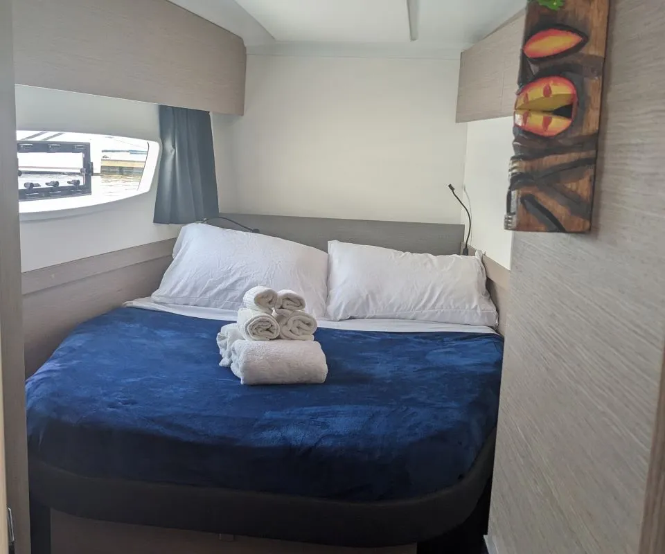 Cabin on Wayfinder, a Fountaine Pajot Astrea 42 Maestro catamaran at Central Abaco, Bahamas
