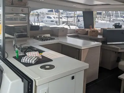 Galley of Wayfinder, a Fountaine Pajot Astrea 42 Maestro catamaran at Central Abaco, Bahamas