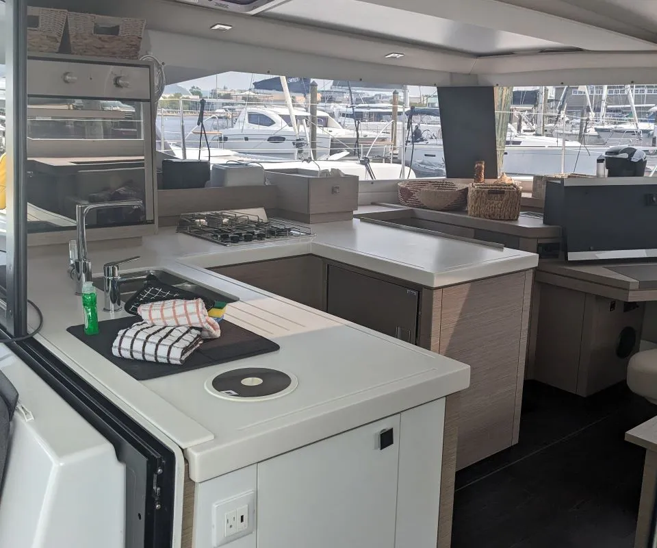 Galley of Wayfinder, a Fountaine Pajot Astrea 42 Maestro catamaran at Central Abaco, Bahamas