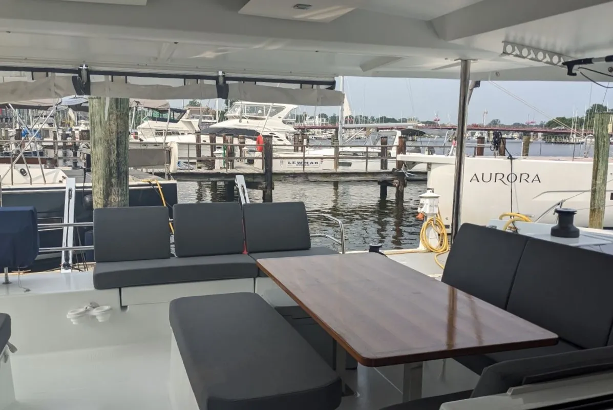 Deck of Wayfinder, a Fountaine Pajot Astrea 42 Maestro catamaran at Central Abaco, Bahamas