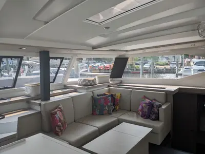 Salon of Wayfinder, a Fountaine Pajot Astrea 42 Maestro catamaran at Central Abaco, Bahamas