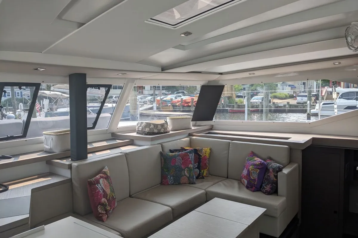 Salon of Wayfinder, a Fountaine Pajot Astrea 42 Maestro catamaran at Central Abaco, Bahamas