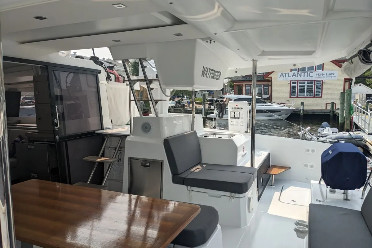 Deck of Wayfinder, a Fountaine Pajot Astrea 42 Maestro catamaran at Central Abaco, Bahamas