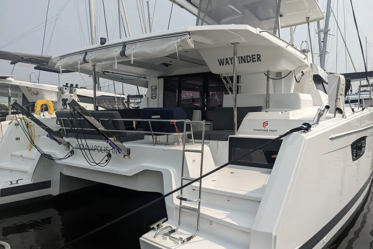 Exterior view of Wayfinder, a Fountaine Pajot Astrea 42 Maestro catamaran at Central Abaco, Bahamas