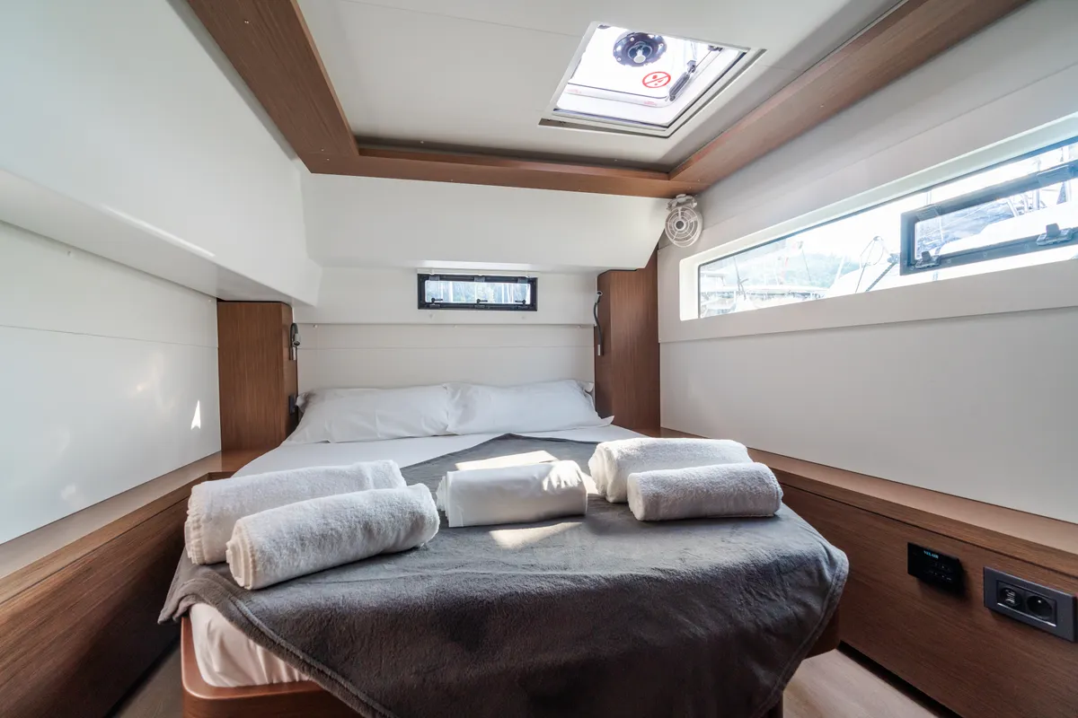 Cabin on Sonia, a Lagoon 46 catamaran at Castellammare del Golfo, Italy
