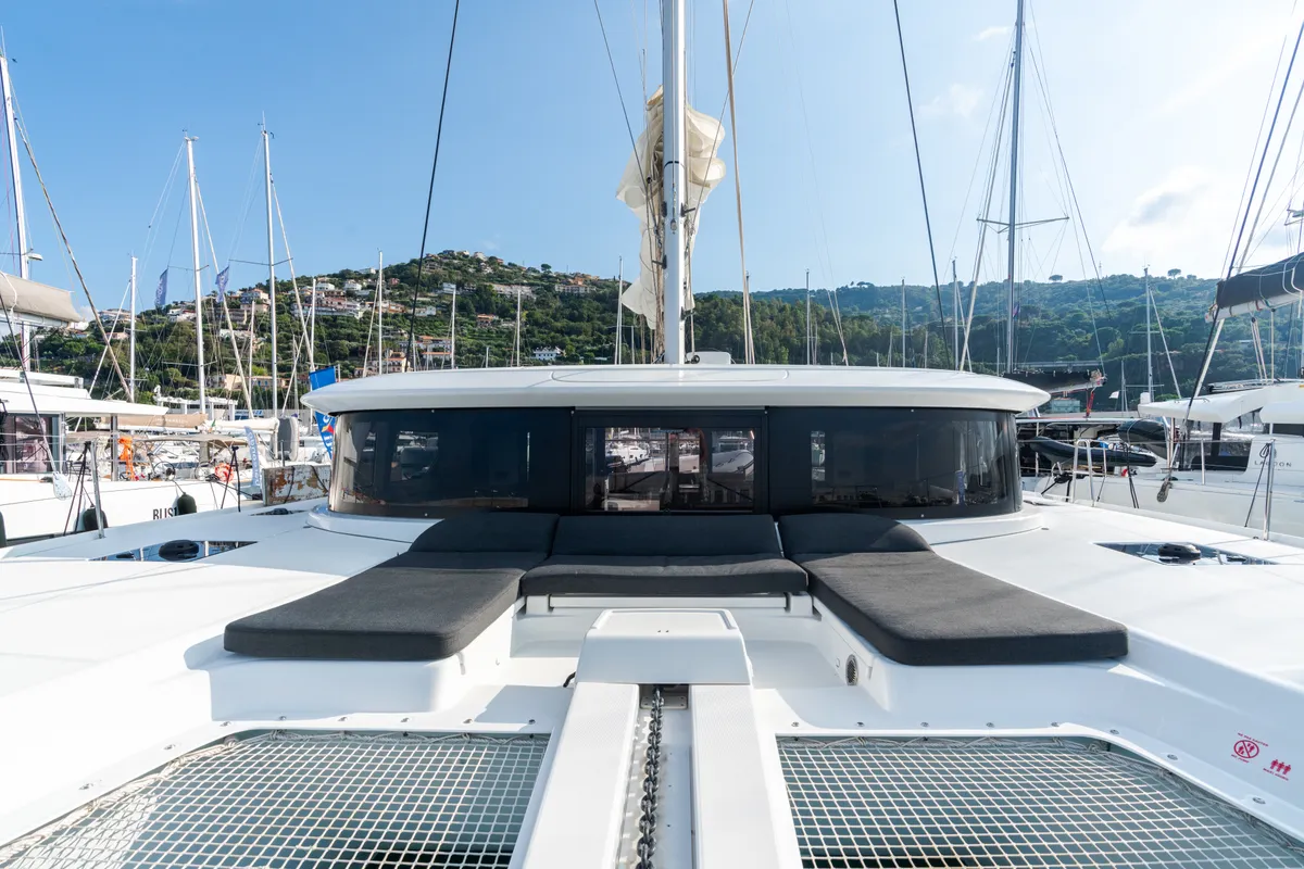 Deck of Sonia, a Lagoon 46 catamaran at Castellammare del Golfo, Italy