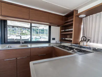 Galley of Sonia, a Lagoon 46 catamaran at Castellammare del Golfo, Italy