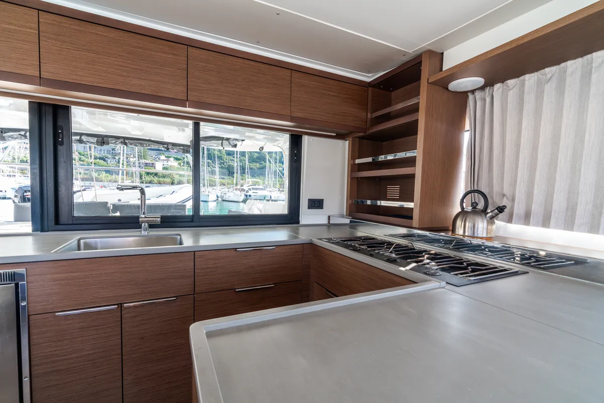 Galley of Sonia, a Lagoon 46 catamaran at Castellammare del Golfo, Italy