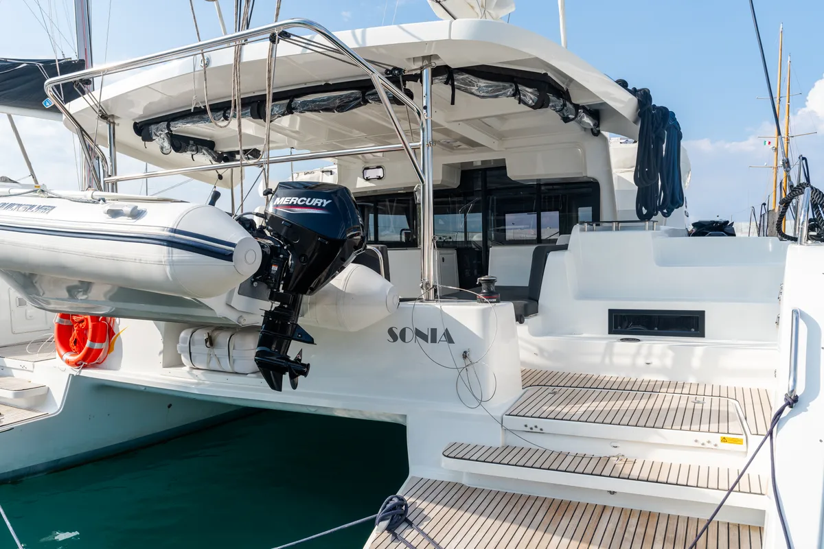 Exterior view of Sonia, a Lagoon 46 catamaran at Castellammare del Golfo, Italy