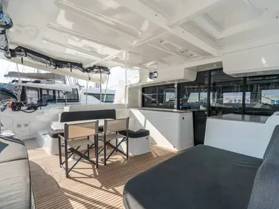 Deck of Sonia, a Lagoon 46 catamaran at Castellammare del Golfo, Italy