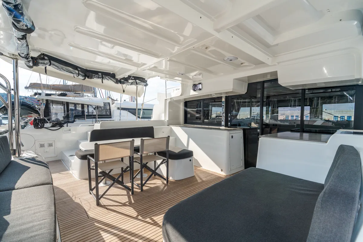 Deck of Sonia, a Lagoon 46 catamaran at Castellammare del Golfo, Italy