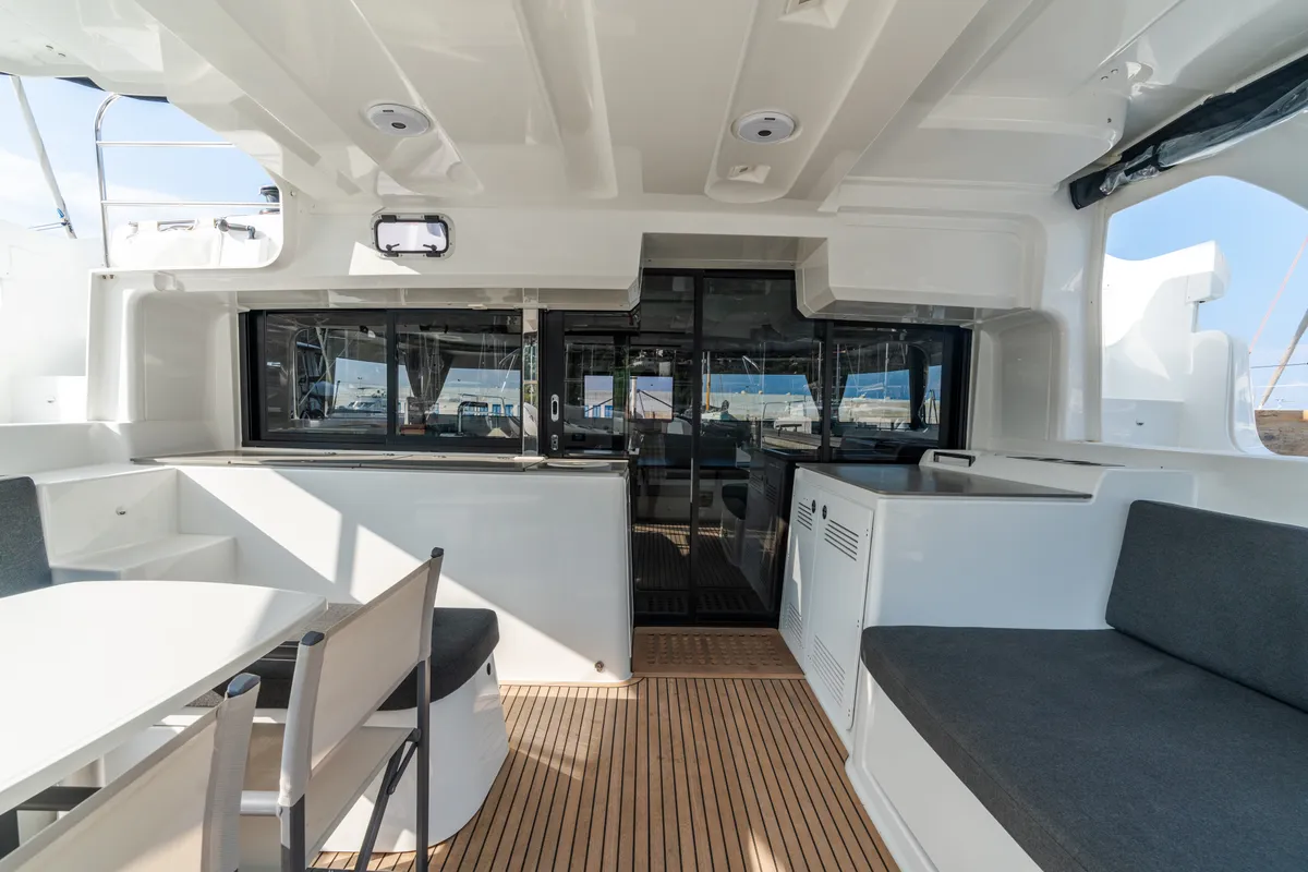 Deck of Sonia, a Lagoon 46 catamaran at Castellammare del Golfo, Italy