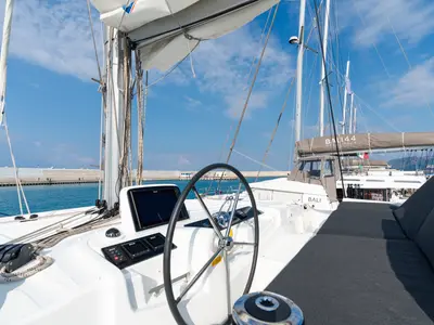 Cockpit of Sonia, a Lagoon 46 catamaran at Castellammare del Golfo, Italy