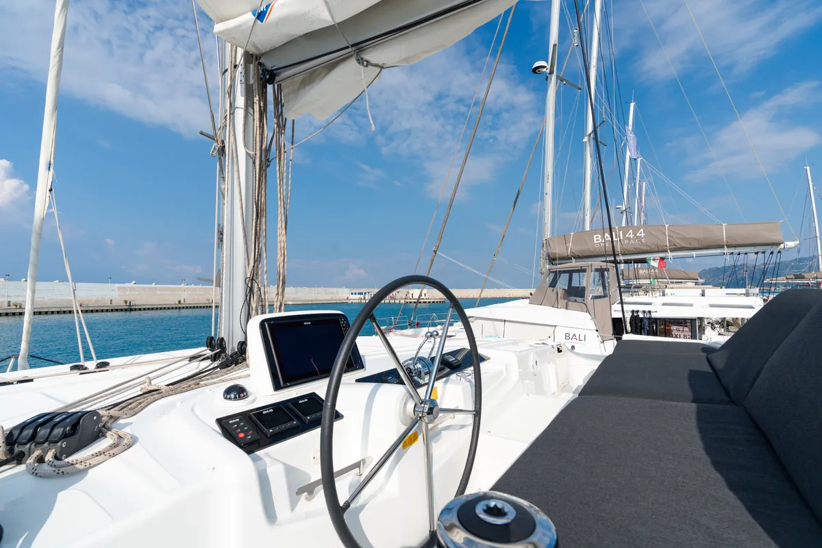 Cockpit of Sonia, a Lagoon 46 catamaran at Castellammare del Golfo, Italy