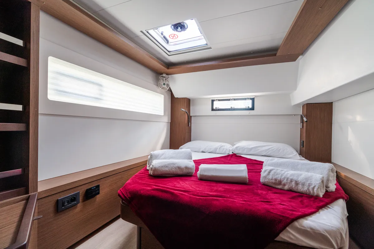 Cabin on Sonia, a Lagoon 46 catamaran at Castellammare del Golfo, Italy