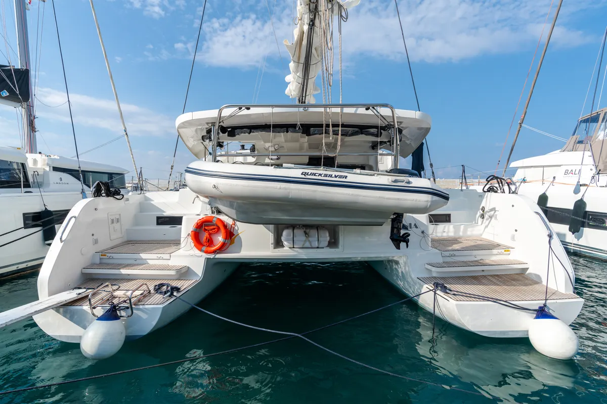 Exterior view of Sonia, a Lagoon 46 catamaran at Castellammare del Golfo, Italy