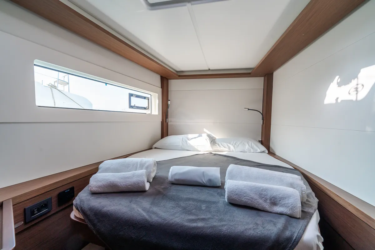 Cabin on Sonia, a Lagoon 46 catamaran at Castellammare del Golfo, Italy