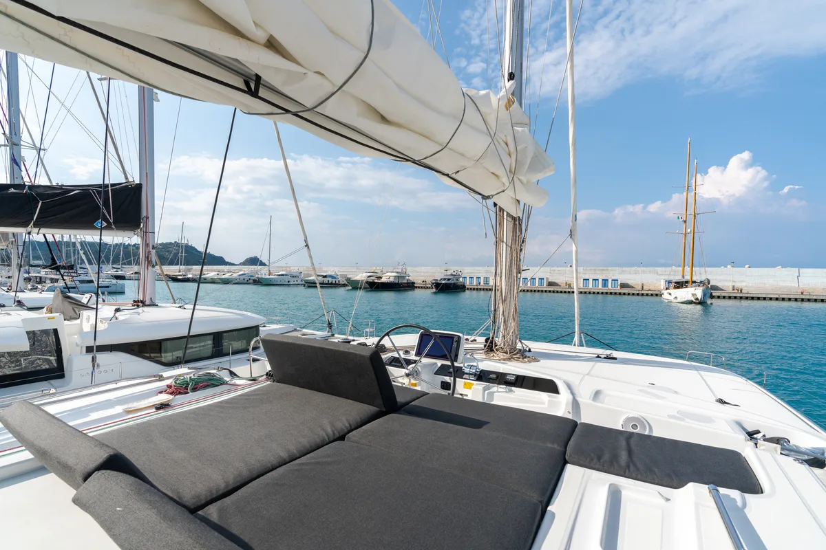 Cockpit of Sonia, a Lagoon 46 catamaran at Castellammare del Golfo, Italy