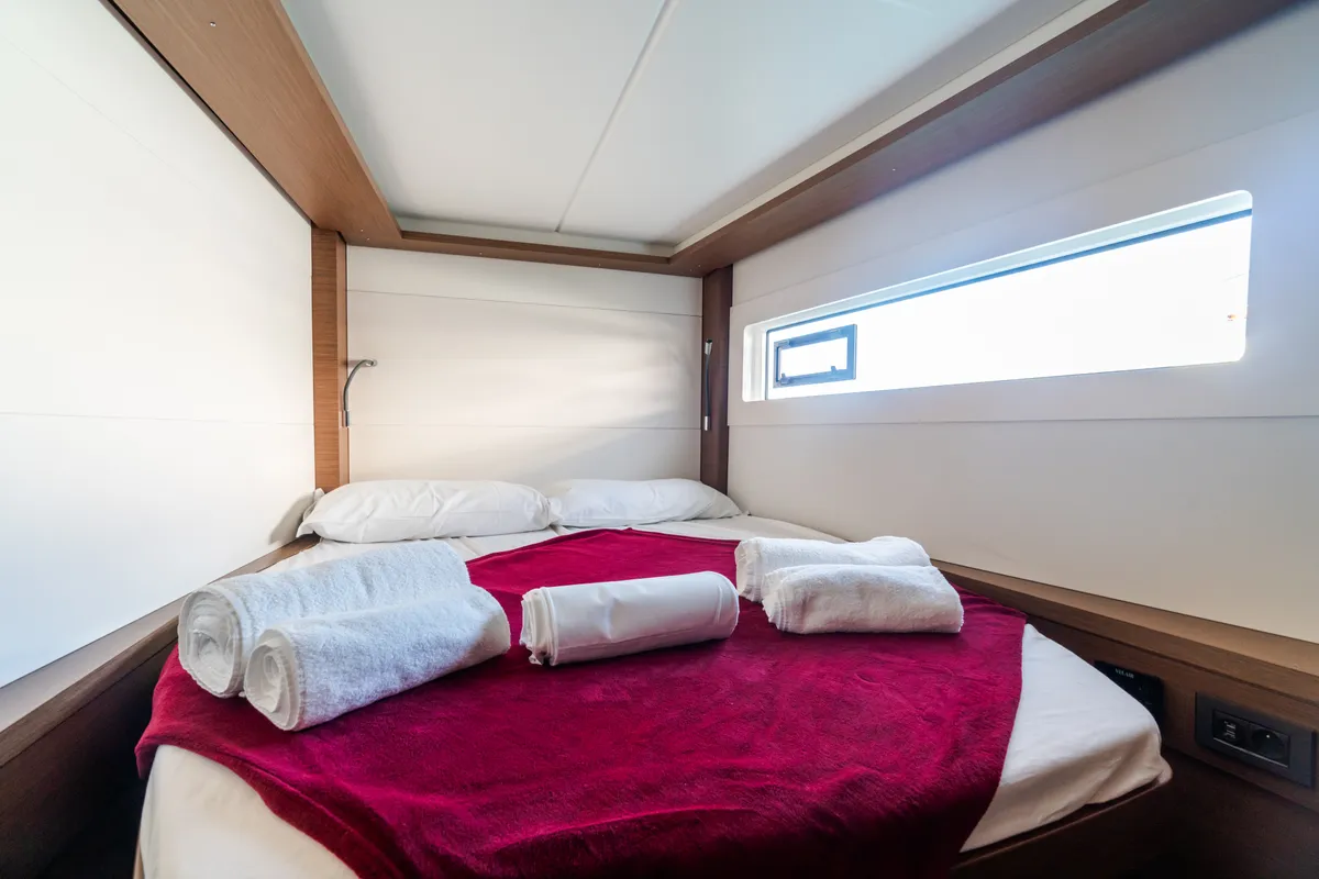 Cabin on Sonia, a Lagoon 46 catamaran at Castellammare del Golfo, Italy