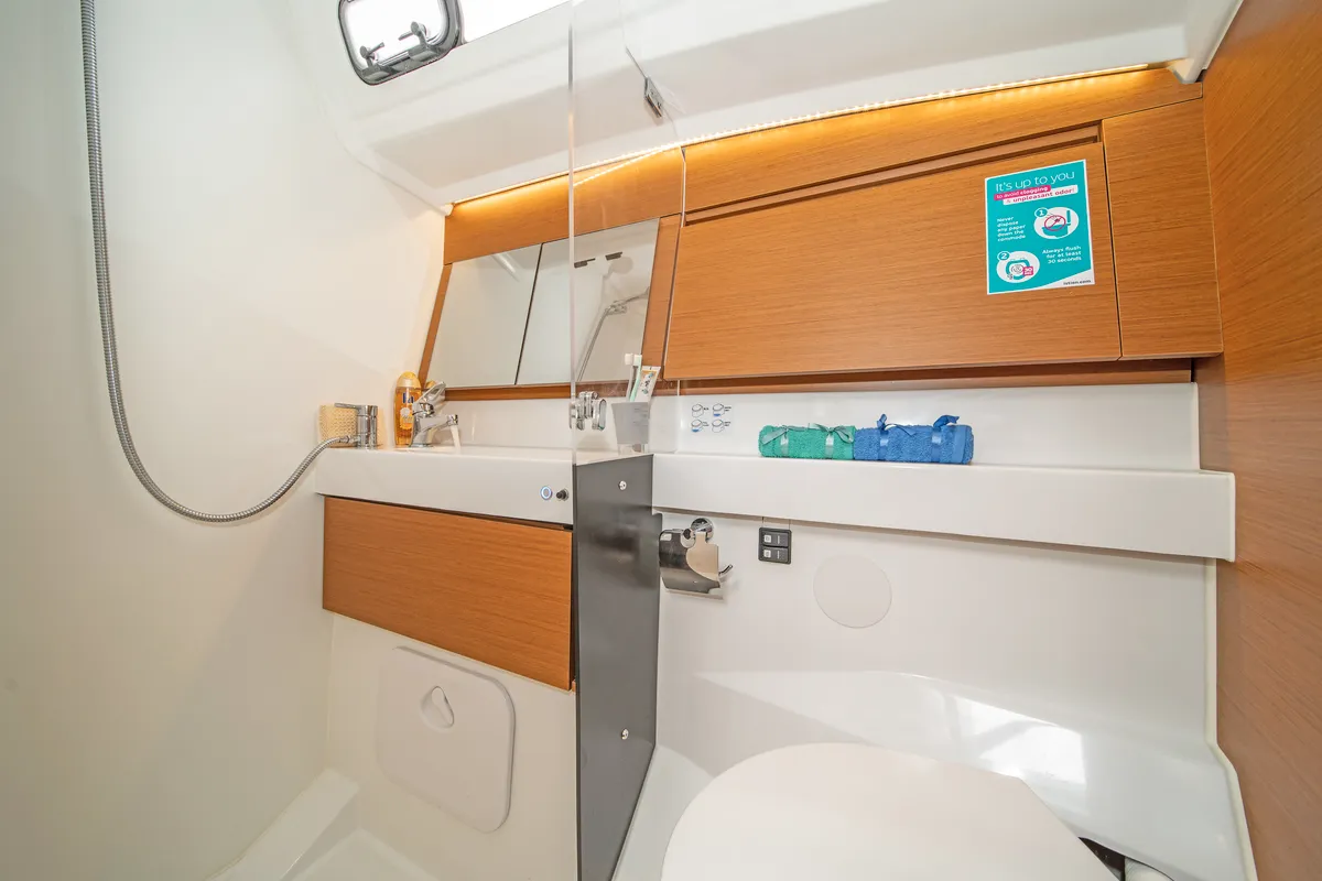Head on Naias, a Jeanneau Sun Odyssey 410 sailboat at Kontokali, Greece