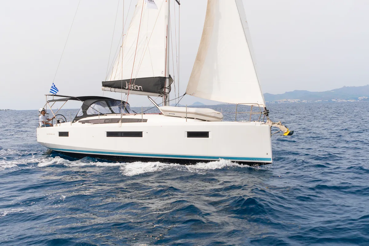 Exterior view of Naias, a Jeanneau Sun Odyssey 410 sailboat at Kontokali, Greece