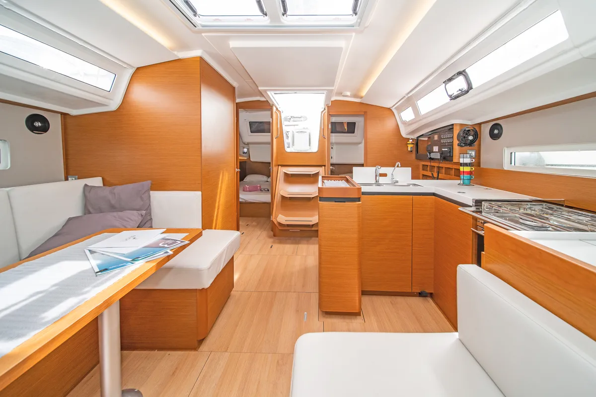 Salon of Naias, a Jeanneau Sun Odyssey 410 sailboat at Kontokali, Greece