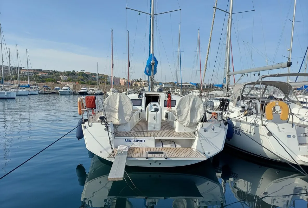 Exterior view of S. Raphael, a Jeanneau Sun Odyssey 410 sailboat at Procida, Italy