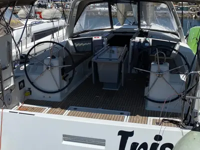 Cockpit of IRIS, a Beneteau Oceanis 41.1 sailboat at Athens, Greece