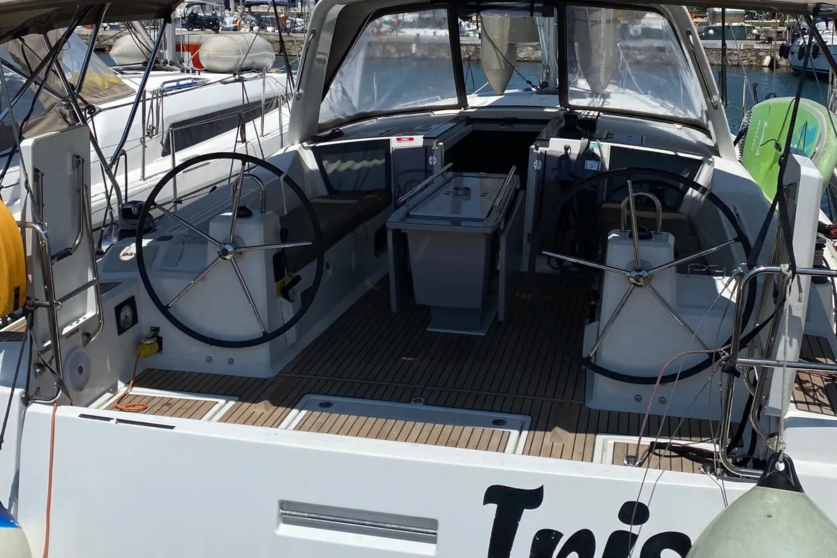 Cockpit of IRIS, a Beneteau Oceanis 41.1 sailboat at Athens, Greece