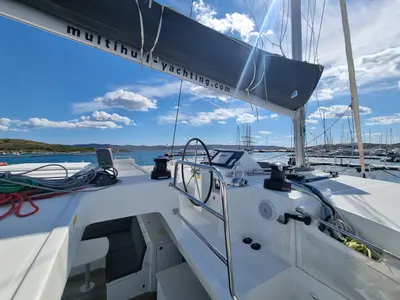 Cockpit of Lalouche, a Lagoon 450 F catamaran at Lavrion, Greece