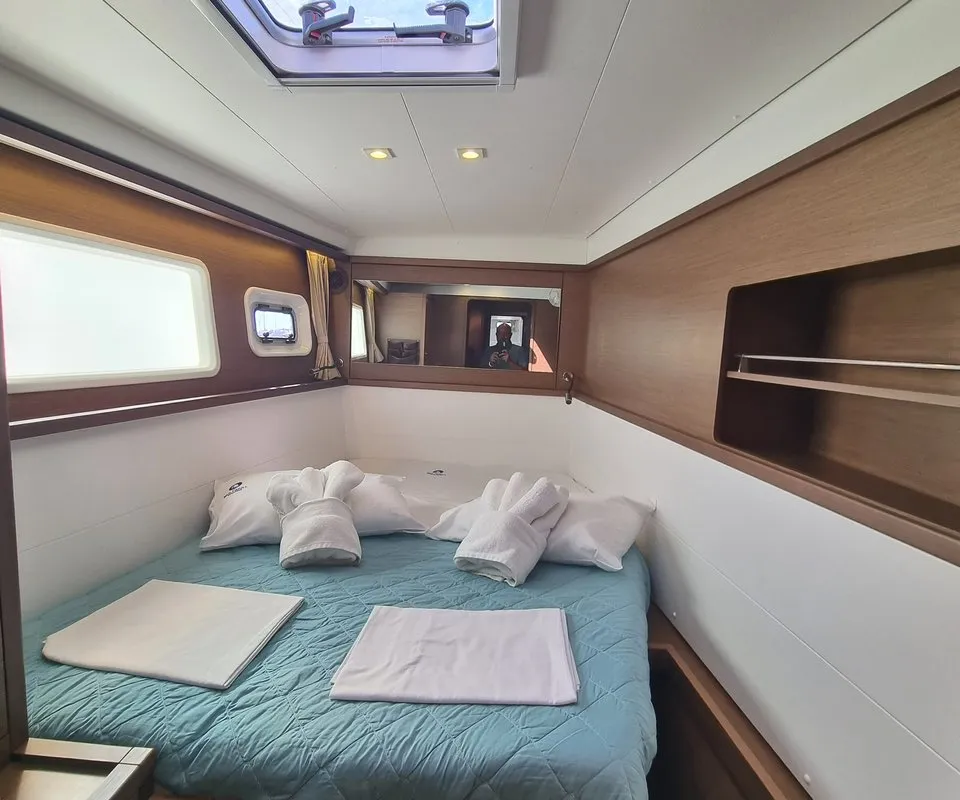 Cabin on Lalouche, a Lagoon 450 F catamaran at Lavrion, Greece