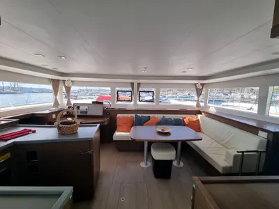 Salon of Lalouche, a Lagoon 450 F catamaran at Lavrion, Greece