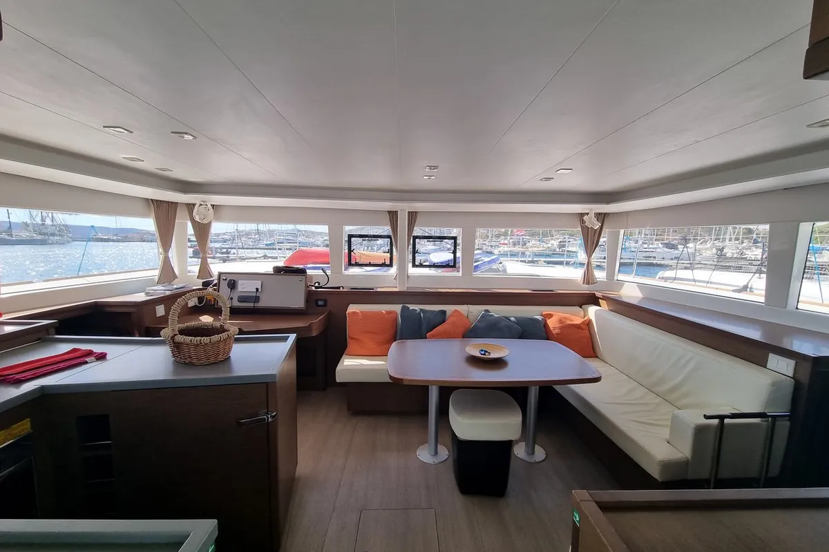 Salon of Lalouche, a Lagoon 450 F catamaran at Lavrion, Greece