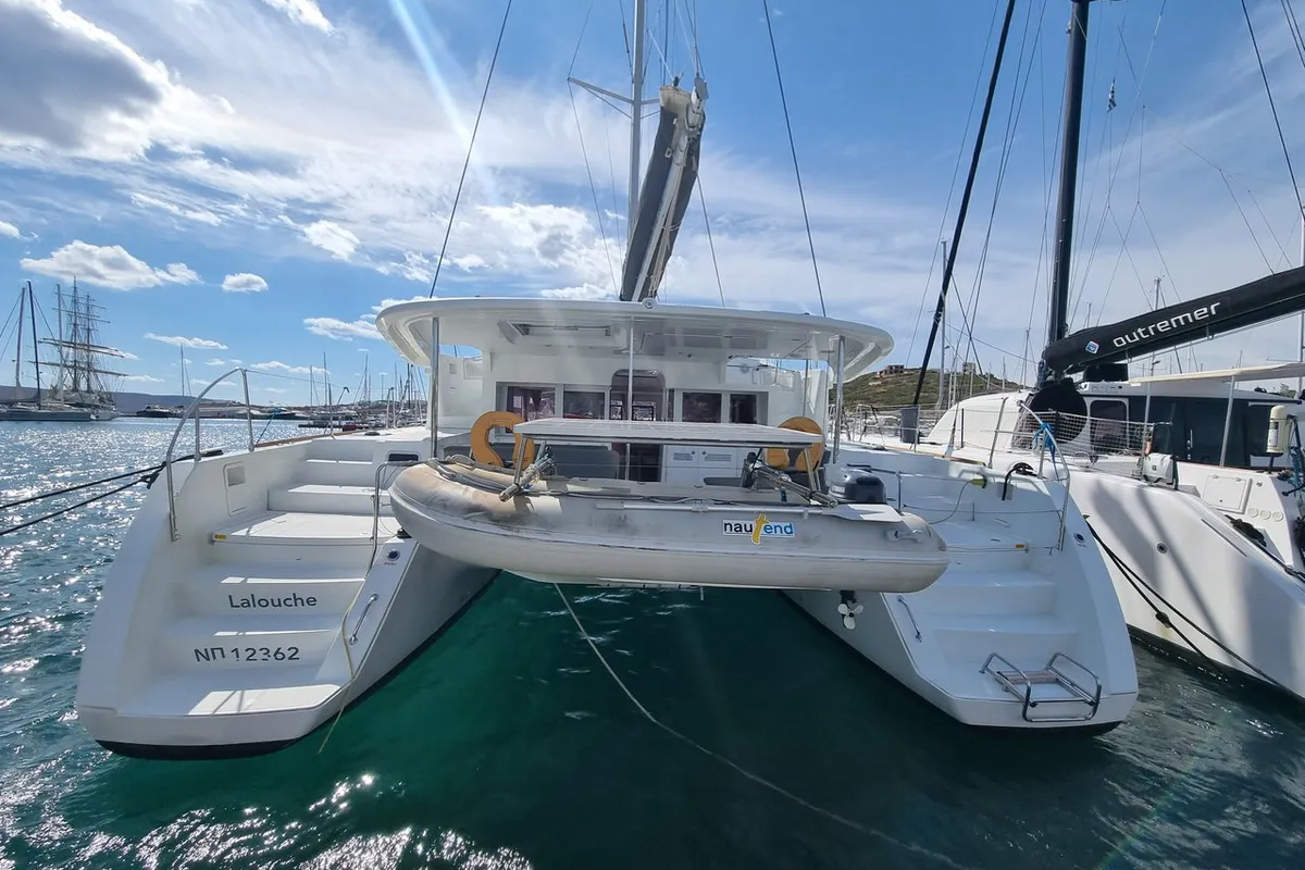 Exterior view of Lalouche, a Lagoon 450 F catamaran at Lavrion, Greece
