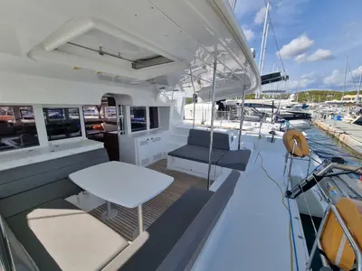 Deck of Lalouche, a Lagoon 450 F catamaran at Lavrion, Greece