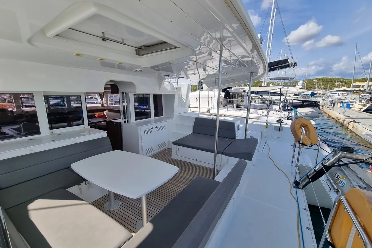 Deck of Lalouche, a Lagoon 450 F catamaran at Lavrion, Greece