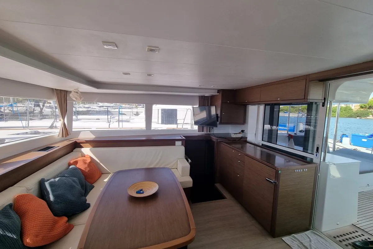 Salon of Lalouche, a Lagoon 450 F catamaran at Lavrion, Greece