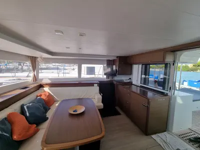 Salon of Lalouche, a Lagoon 450 F catamaran at Lavrion, Greece