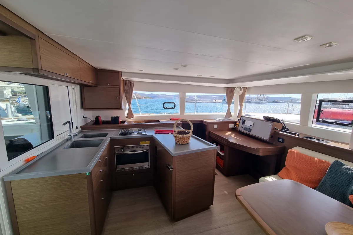 Lalouche, a Lagoon 450 F catamaran at Lavrion, Greece