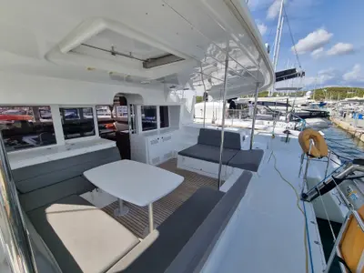 Deck of Lalouche, a Lagoon 450 F catamaran at Lavrion, Greece