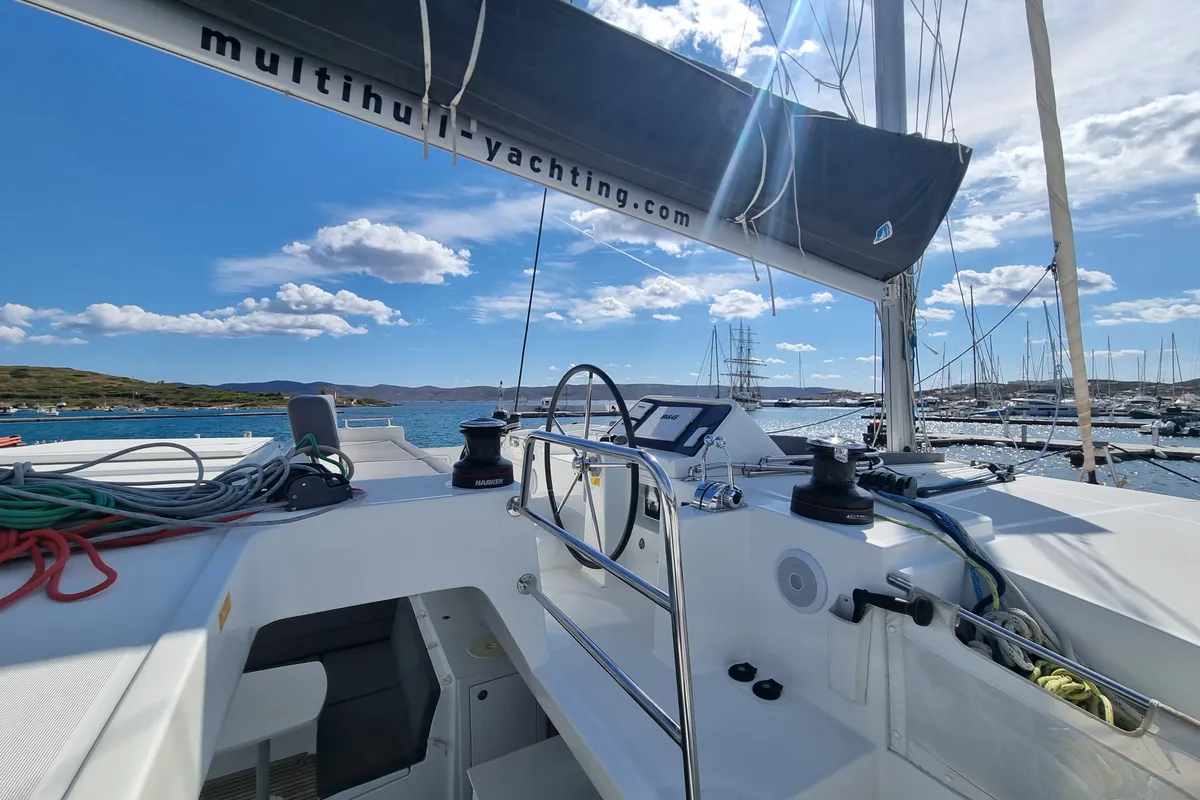 Lalouche, a Lagoon 450 F catamaran at Lavrion, Greece