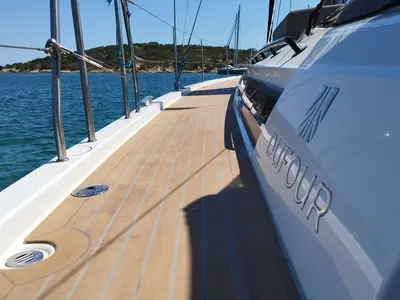 Deck of Weasley, a Dufour 470 sailboat at Olbia, Italy