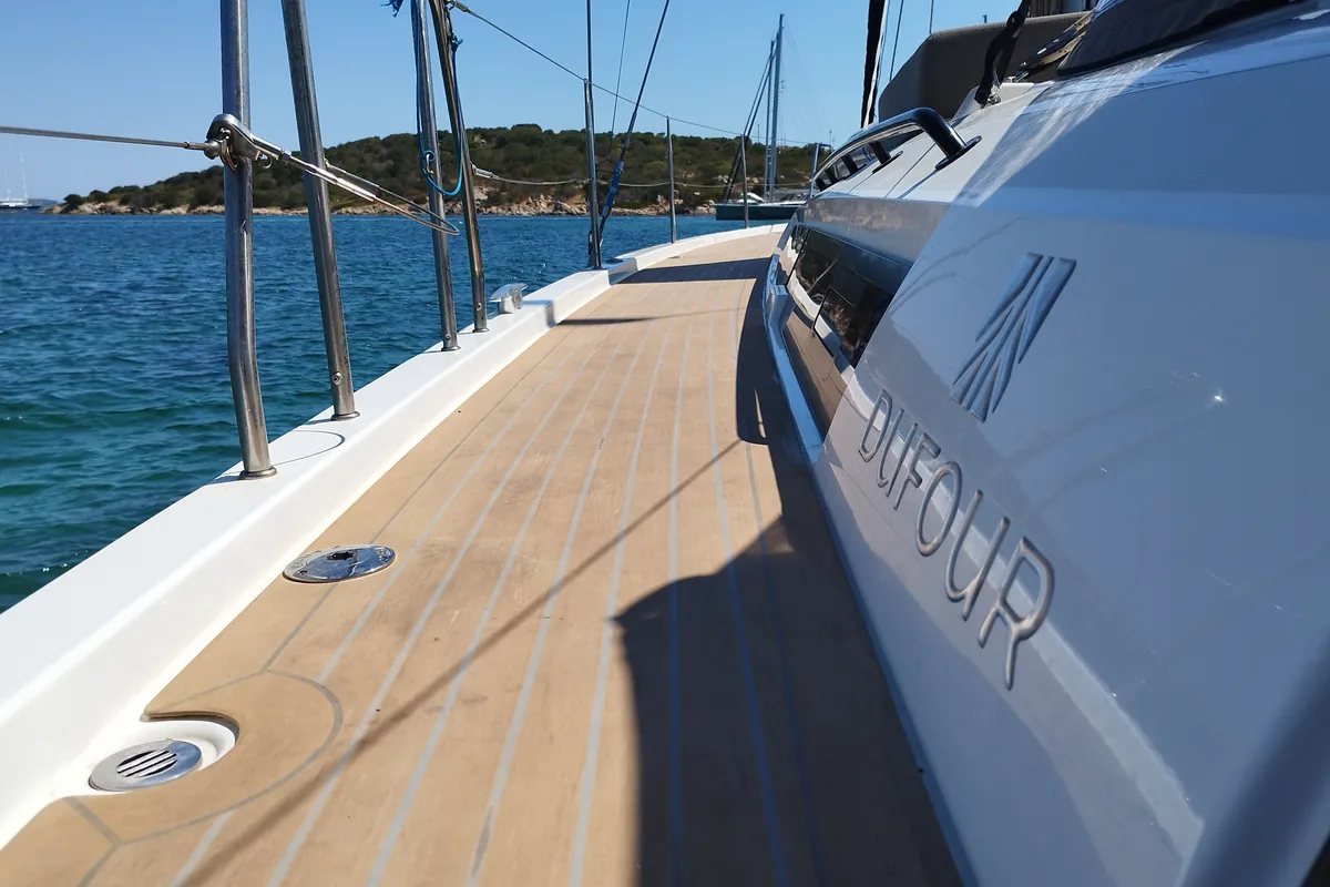 Deck of Weasley, a Dufour 470 sailboat at Olbia, Italy