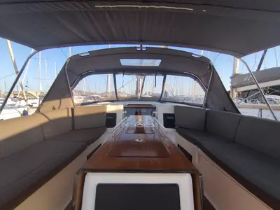 Cockpit of Weasley, a Dufour 470 sailboat at Olbia, Italy