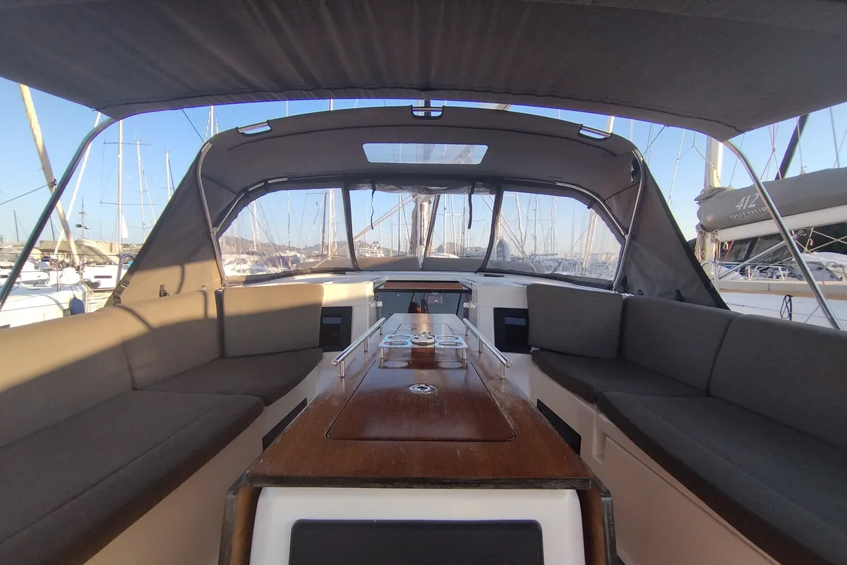 Cockpit of Weasley, a Dufour 470 sailboat at Olbia, Italy