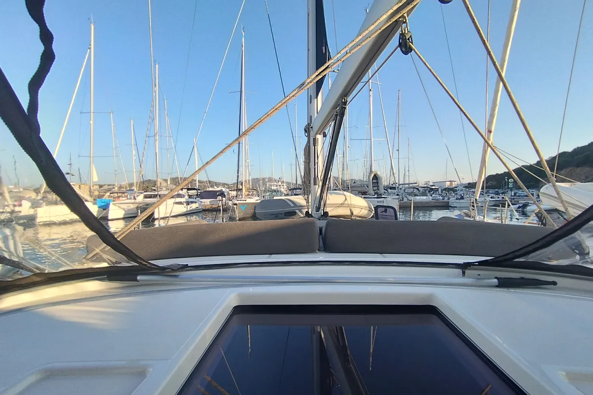 Cockpit of Weasley, a Dufour 470 sailboat at Olbia, Italy