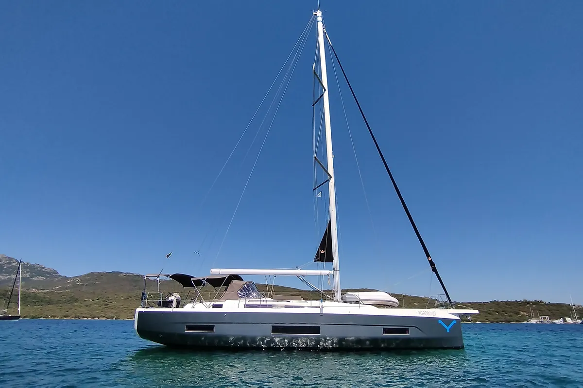 Exterior view of Weasley, a Dufour 470 sailboat at Olbia, Italy